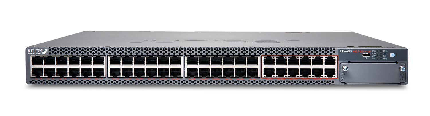 Juniper EX4400-48MXP - 48× 1/2.5/5/10GbE Multigigabit PoE++ Access Switch with 8× 100GbE QSFP28 Uplinks, Dual PSU, AFO/AFI Cooling Juniper EX4400-48MXP - 48× 1/2.5/5/10GbE Multigigabit PoE++ Access Switch with 8× 100GbE QSFP28 Uplinks, Dual PSU, AFO/AFI Cooling